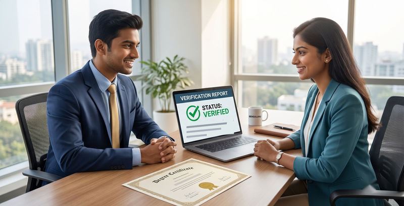 Graduate and HR manager reviewing a verified degree report