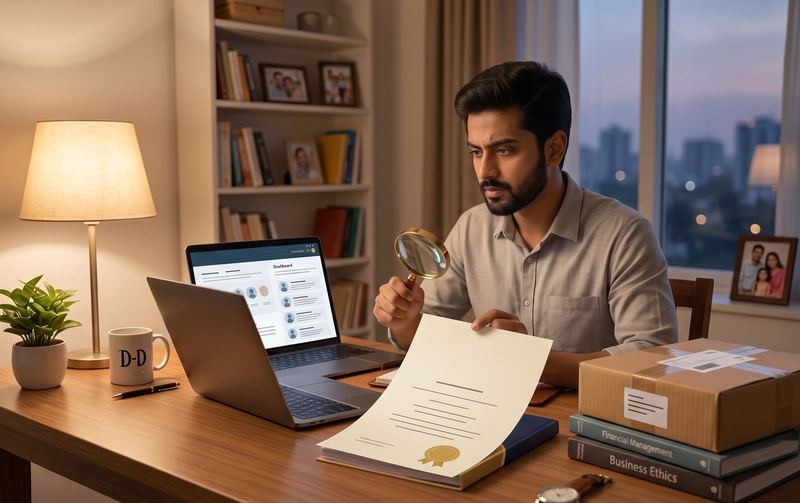 Graduate examining a degree certificate with a magnifying glass