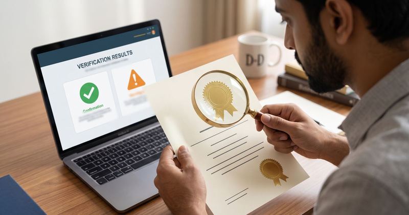 Checking a degree certificate seal with a magnifying glass