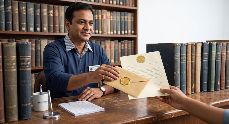 University records officer handing over a sealed written verification